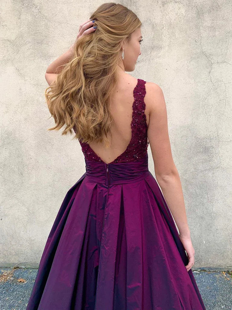 Vestidos formales de mujer con escote en V y espalda descubierta, vestidos de fiesta de encaje morado, vestidos de noche formales de encaje morado con escote en V y espalda abierta / Tienda de vestidos de fiesta
